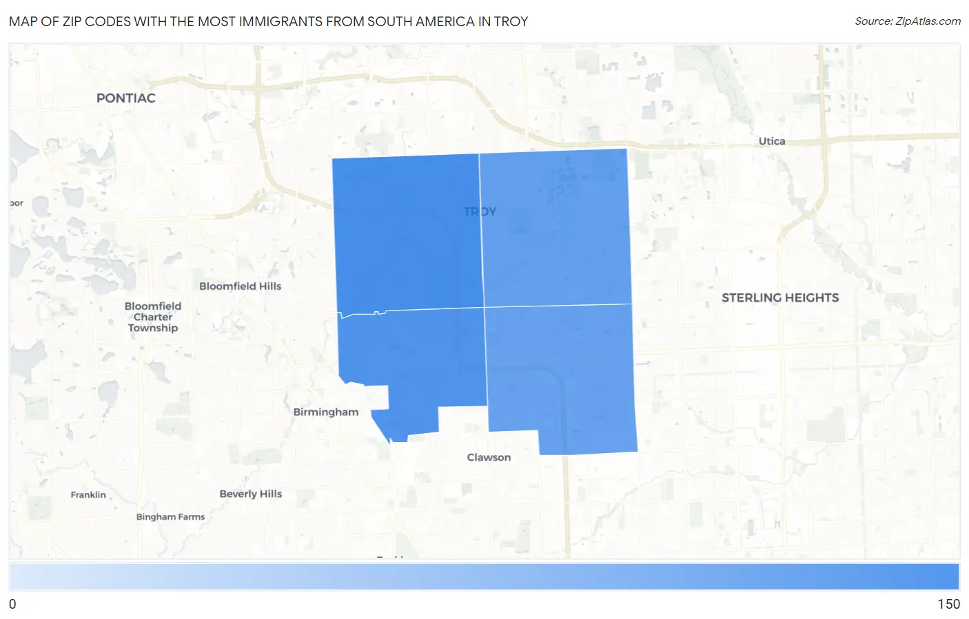 Zip Codes with the Most Immigrants from South America in Troy Map