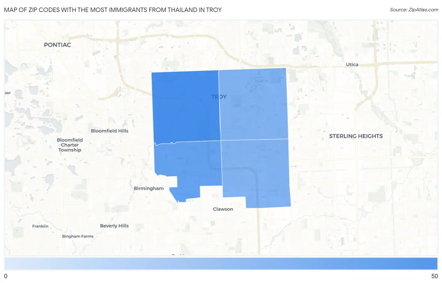 Zip Codes with the Most Immigrants from Thailand in Troy Map