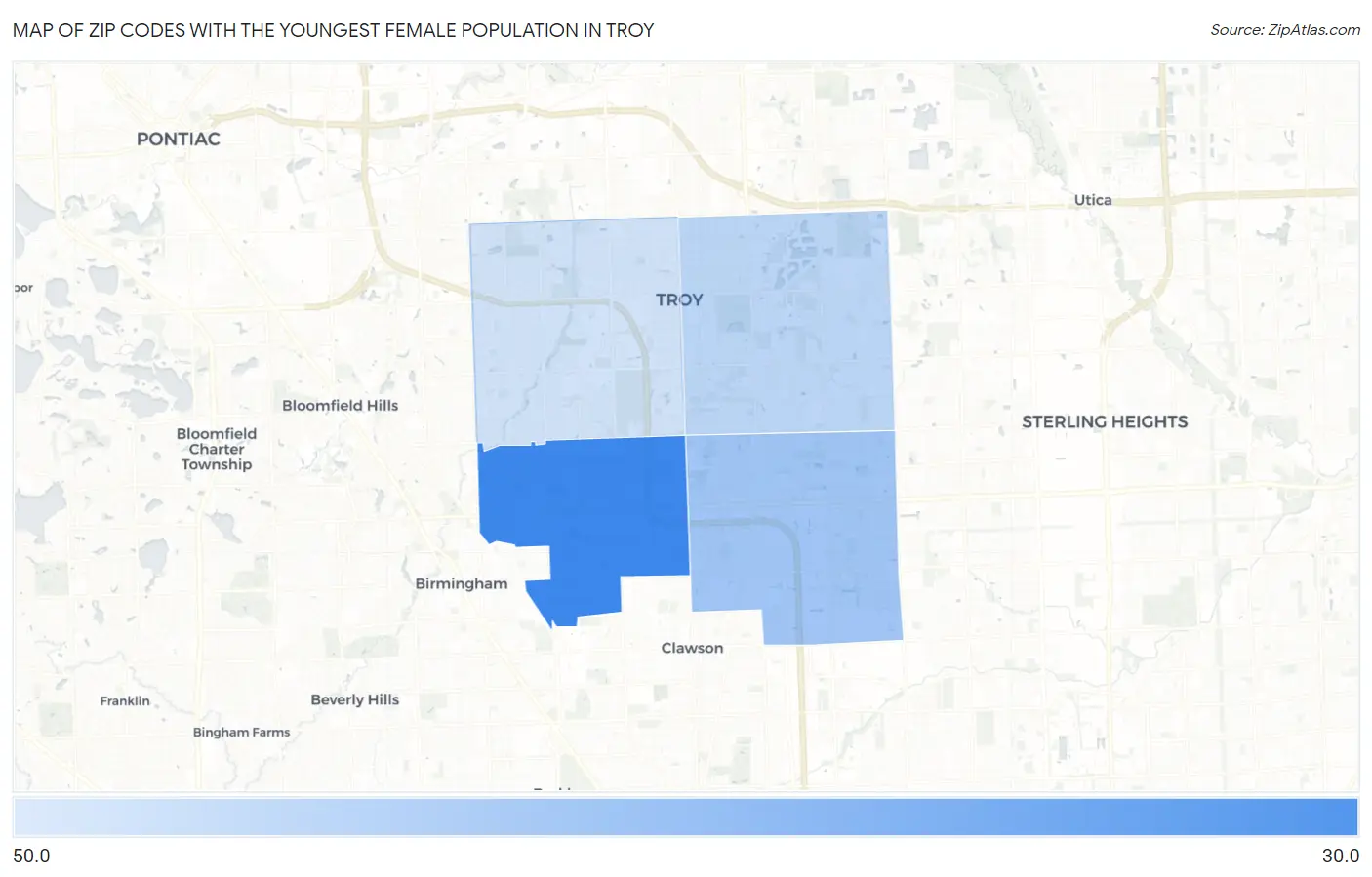 Zip Codes with the Youngest Female Population in Troy Map