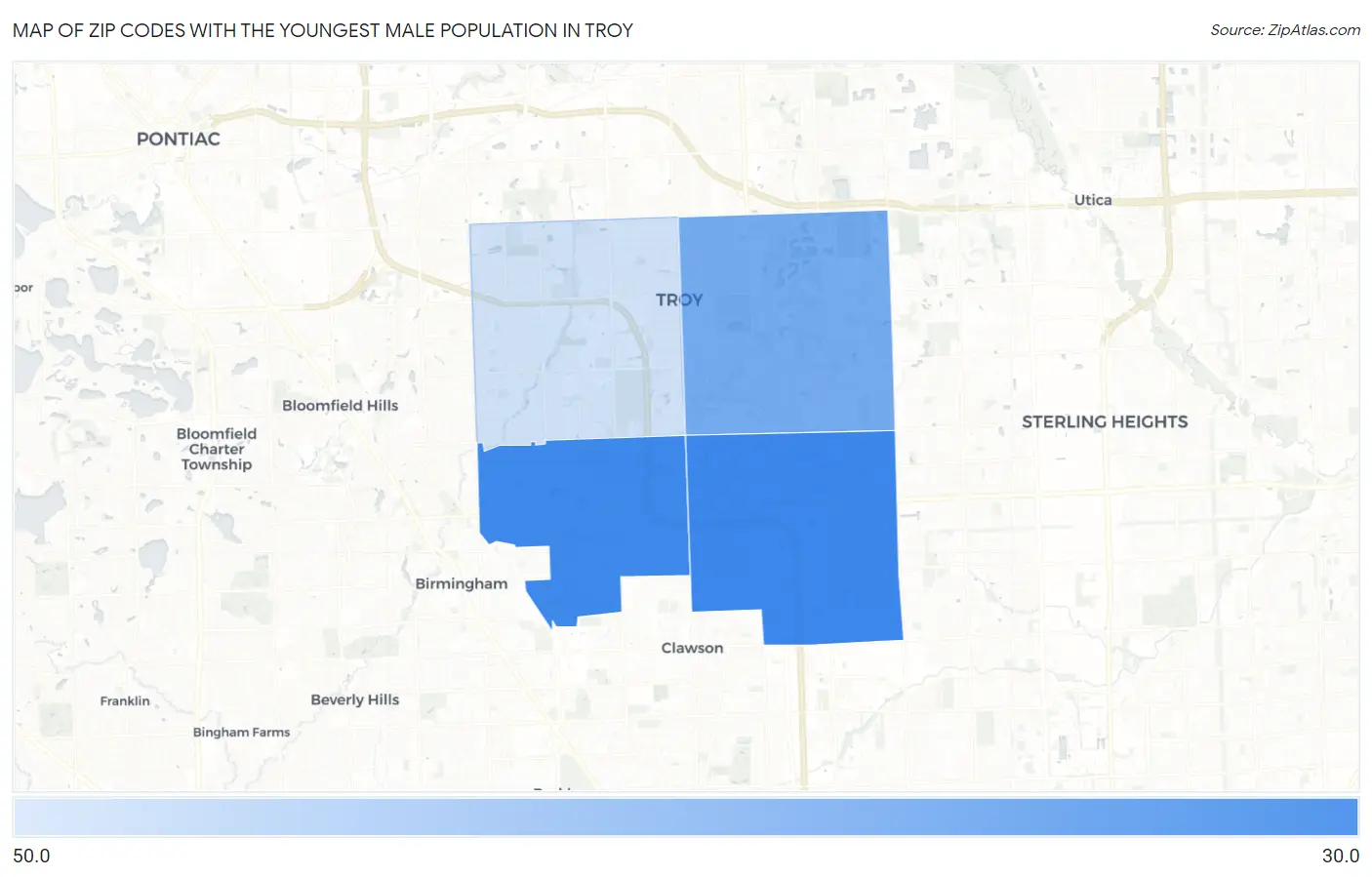 Zip Codes with the Youngest Male Population in Troy Map