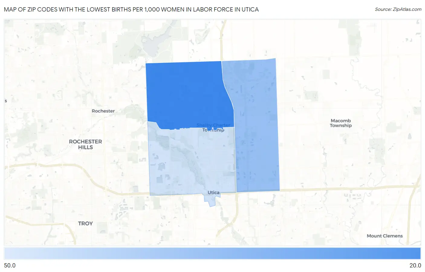 Zip Codes with the Lowest Births per 1,000 Women in Labor Force in Utica Map