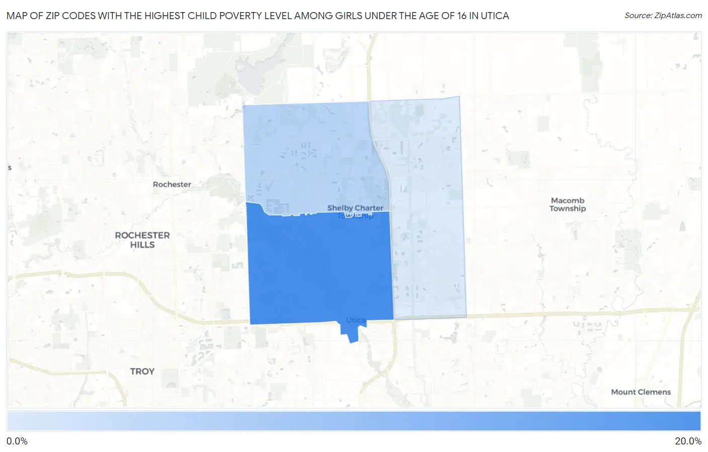 Zip Codes with the Highest Child Poverty Level Among Girls Under the Age of 16 in Utica Map
