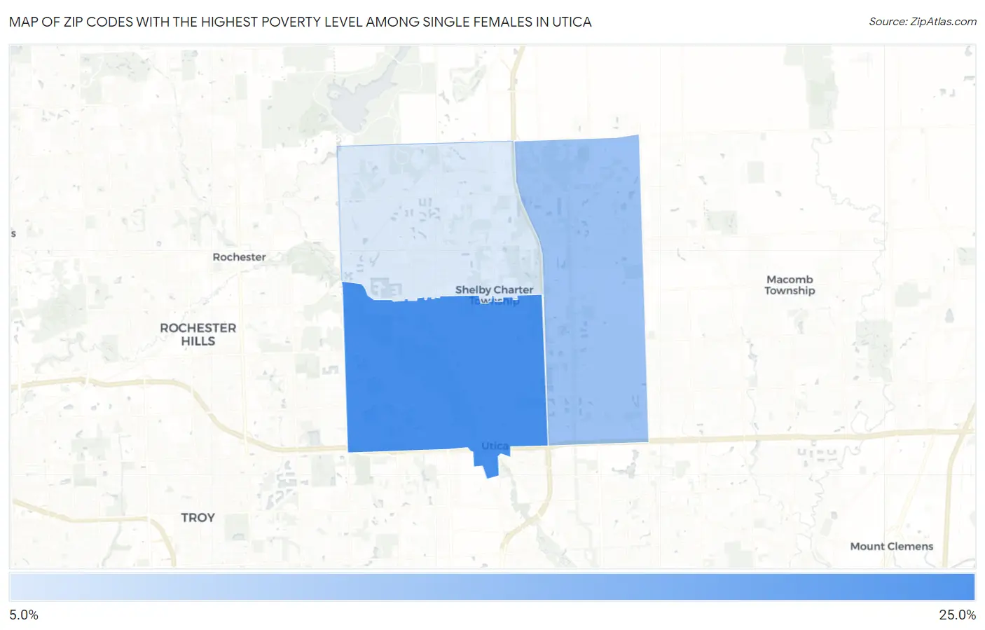 Zip Codes with the Highest Poverty Level Among Single Females in Utica Map