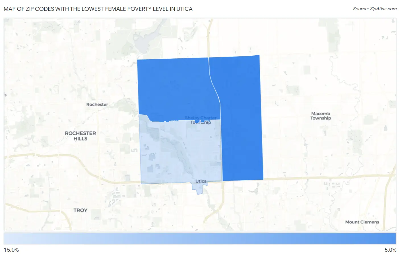 Zip Codes with the Lowest Female Poverty Level in Utica Map