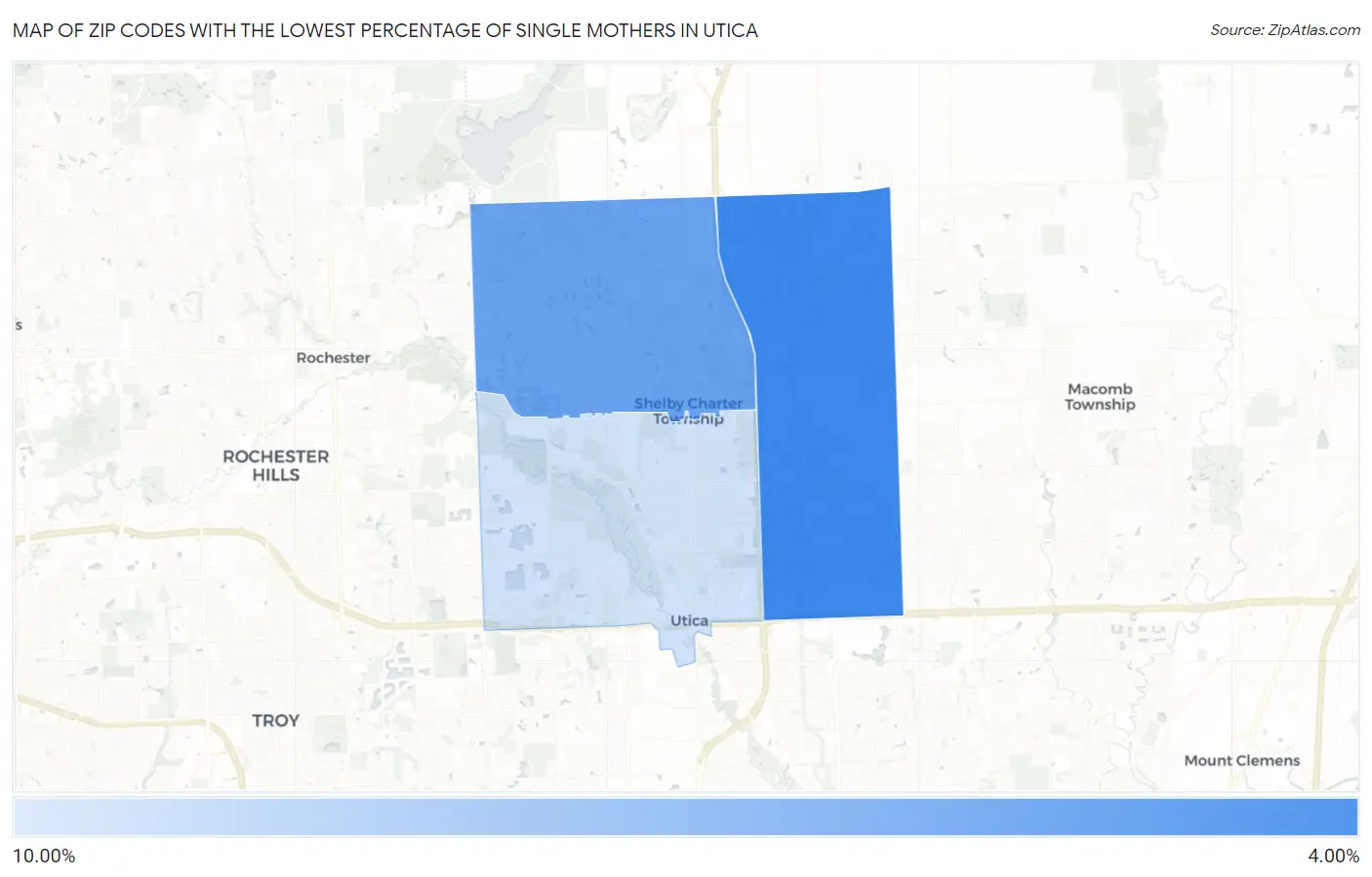 Zip Codes with the Lowest Percentage of Single Mothers in Utica Map