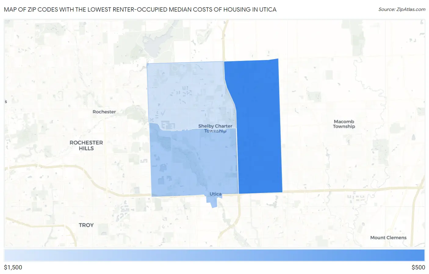 Zip Codes with the Lowest Renter-Occupied Median Costs of Housing in Utica Map