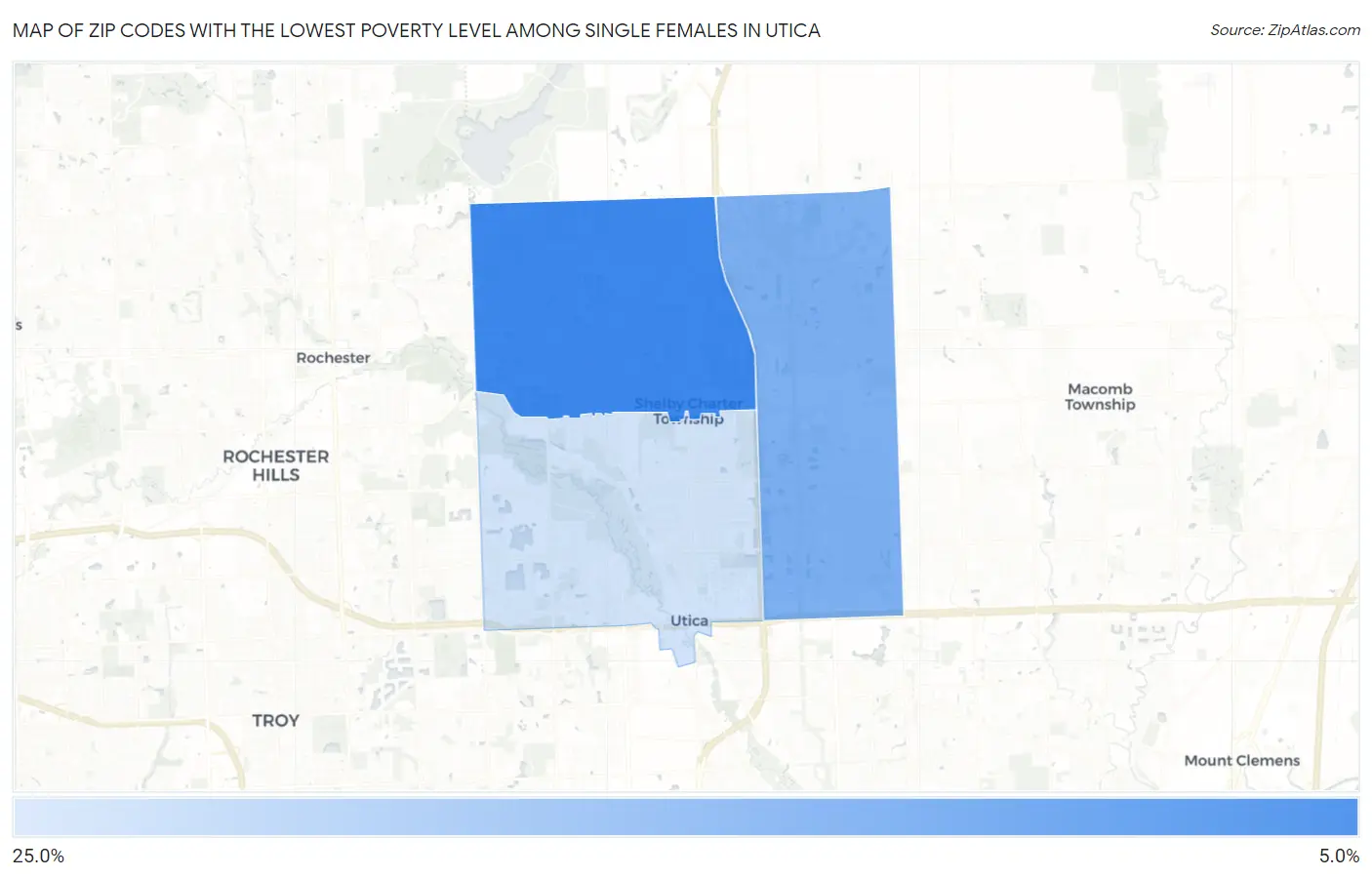 Zip Codes with the Lowest Poverty Level Among Single Females in Utica Map