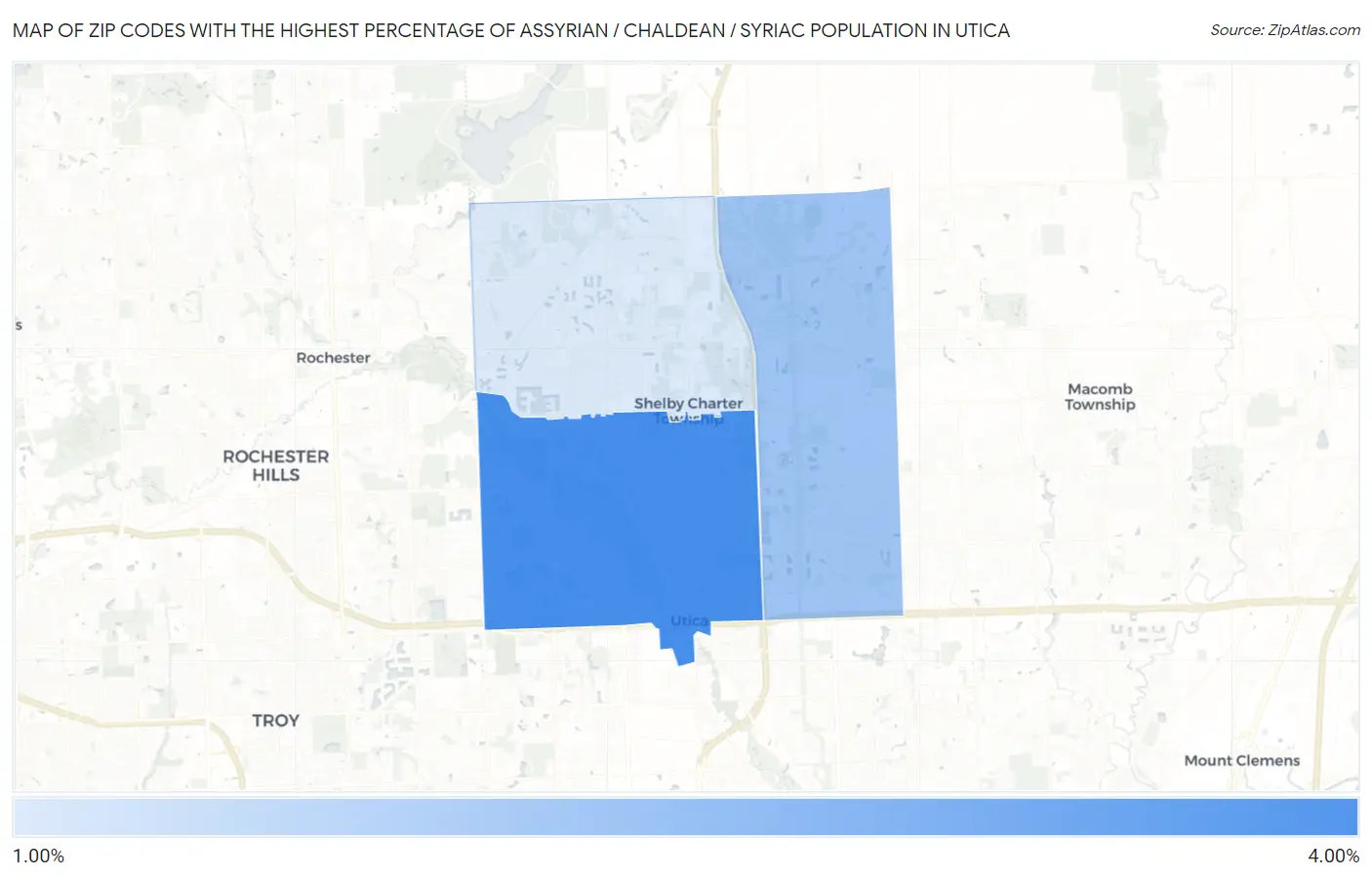 Zip Codes with the Highest Percentage of Assyrian / Chaldean / Syriac Population in Utica Map