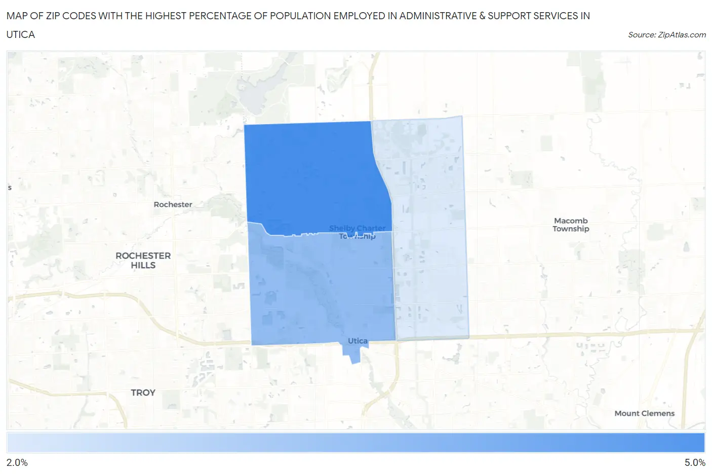 Zip Codes with the Highest Percentage of Population Employed in Administrative & Support Services in Utica Map