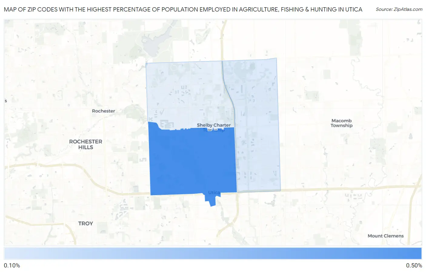 Zip Codes with the Highest Percentage of Population Employed in Agriculture, Fishing & Hunting in Utica Map