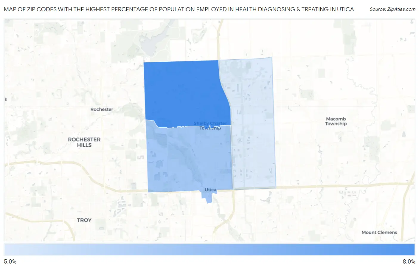 Zip Codes with the Highest Percentage of Population Employed in Health Diagnosing & Treating in Utica Map