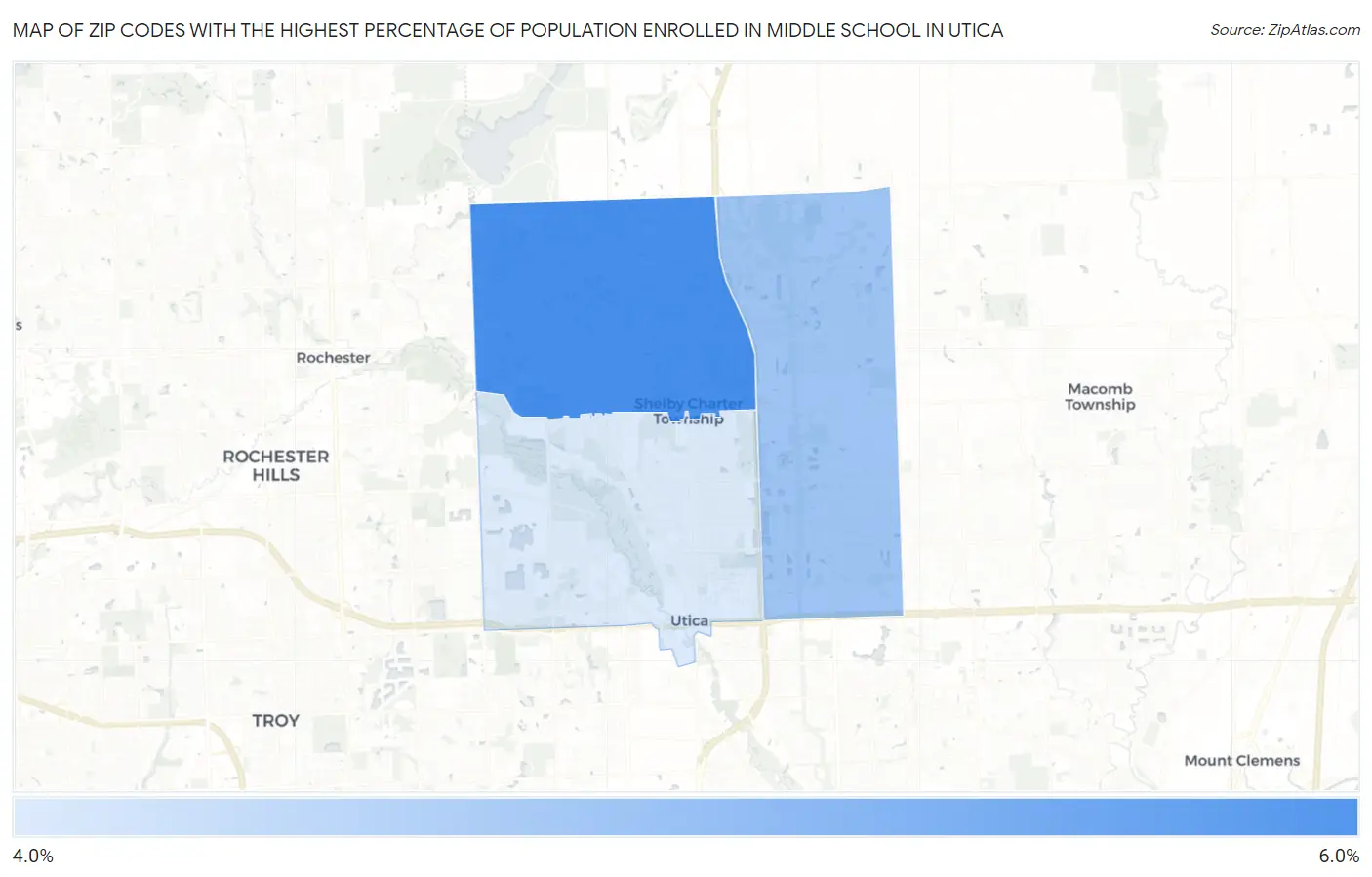 Zip Codes with the Highest Percentage of Population Enrolled in Middle School in Utica Map