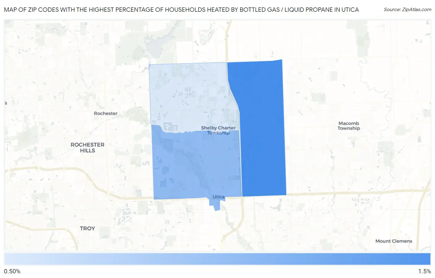 Zip Codes with the Highest Percentage of Households Heated by Bottled Gas / Liquid Propane in Utica Map