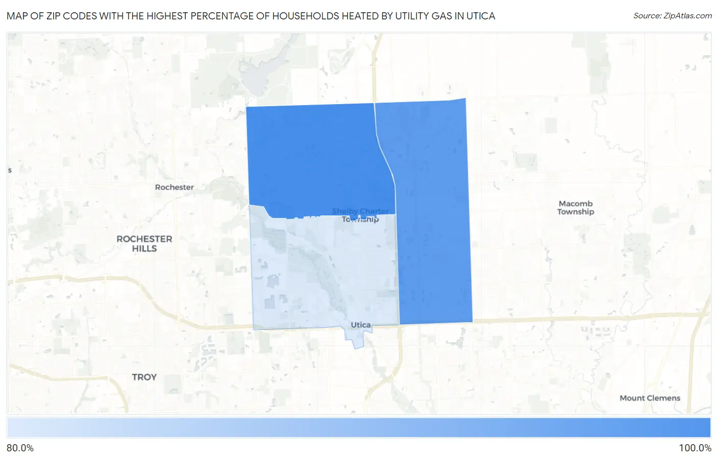 Zip Codes with the Highest Percentage of Households Heated by Utility Gas in Utica Map