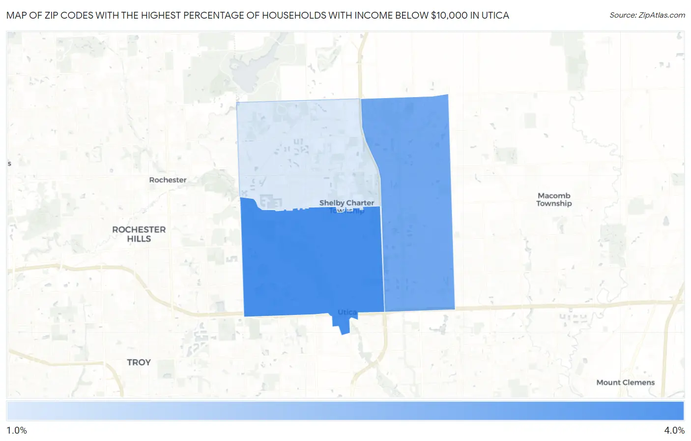Zip Codes with the Highest Percentage of Households with Income Below $10,000 in Utica Map