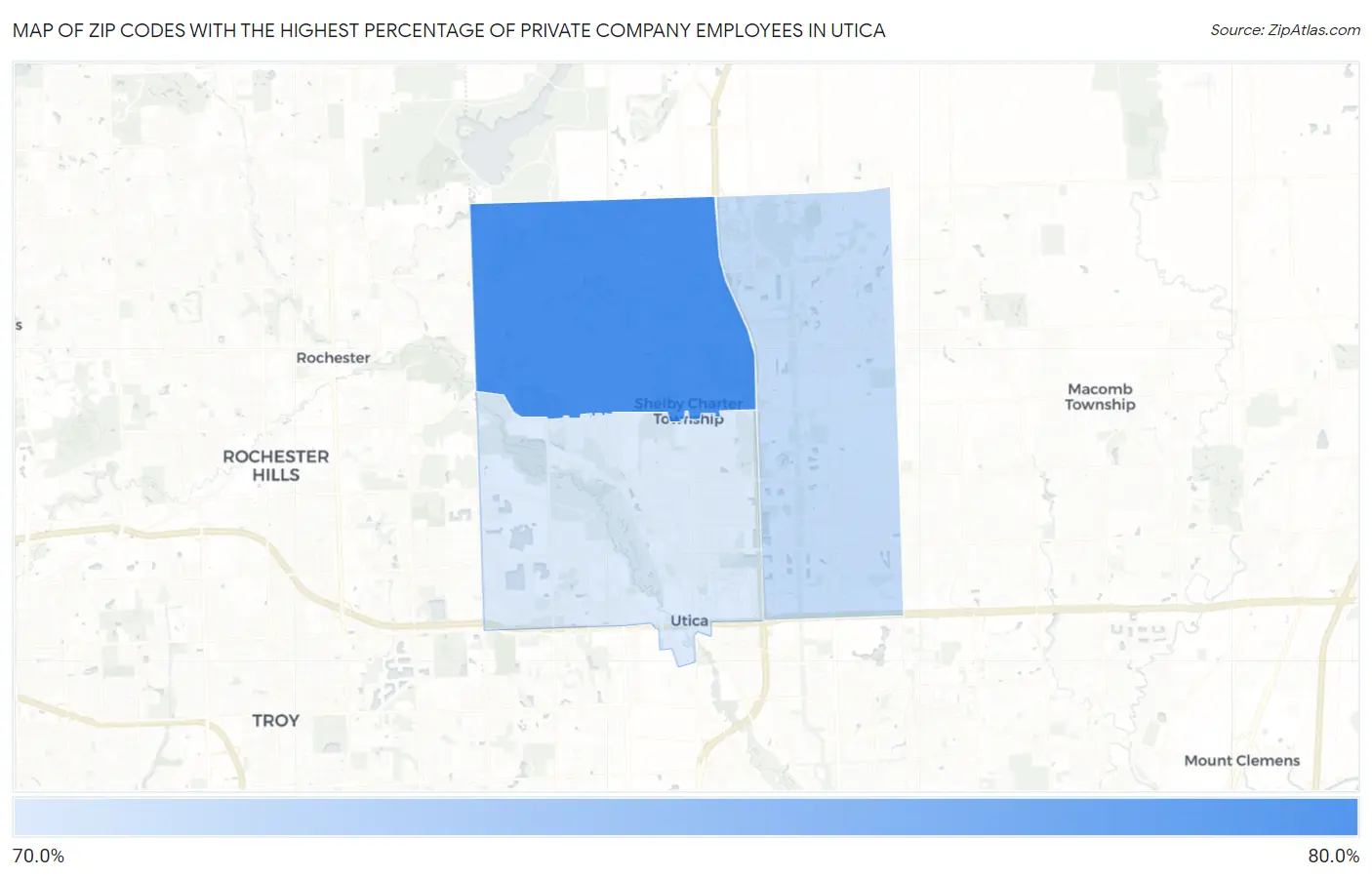 Zip Codes with the Highest Percentage of Private Company Employees in Utica Map