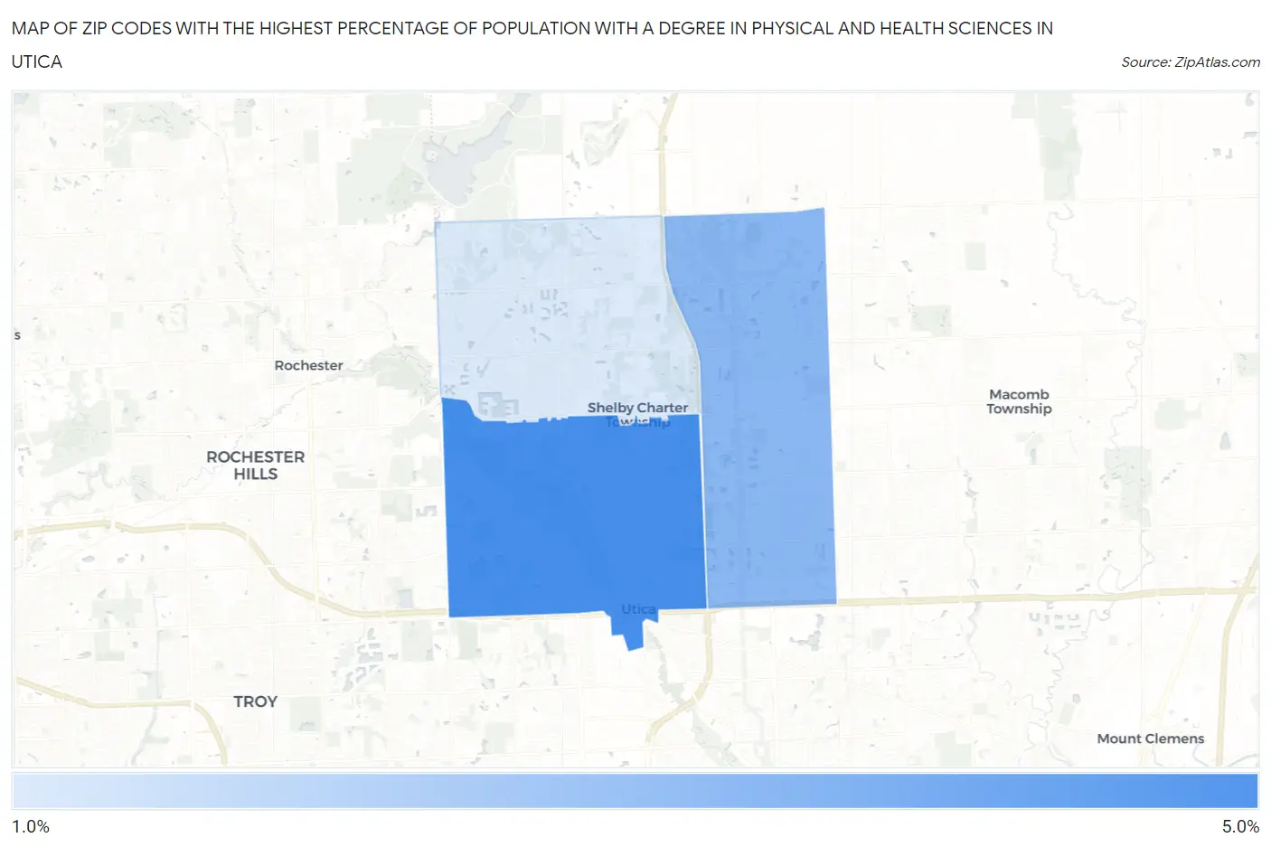 Zip Codes with the Highest Percentage of Population with a Degree in Physical and Health Sciences in Utica Map