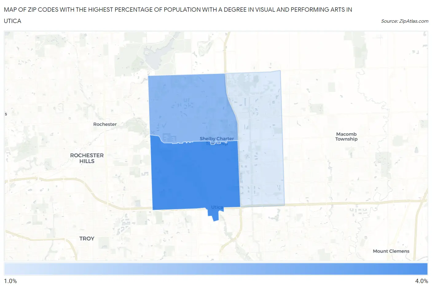 Zip Codes with the Highest Percentage of Population with a Degree in Visual and Performing Arts in Utica Map