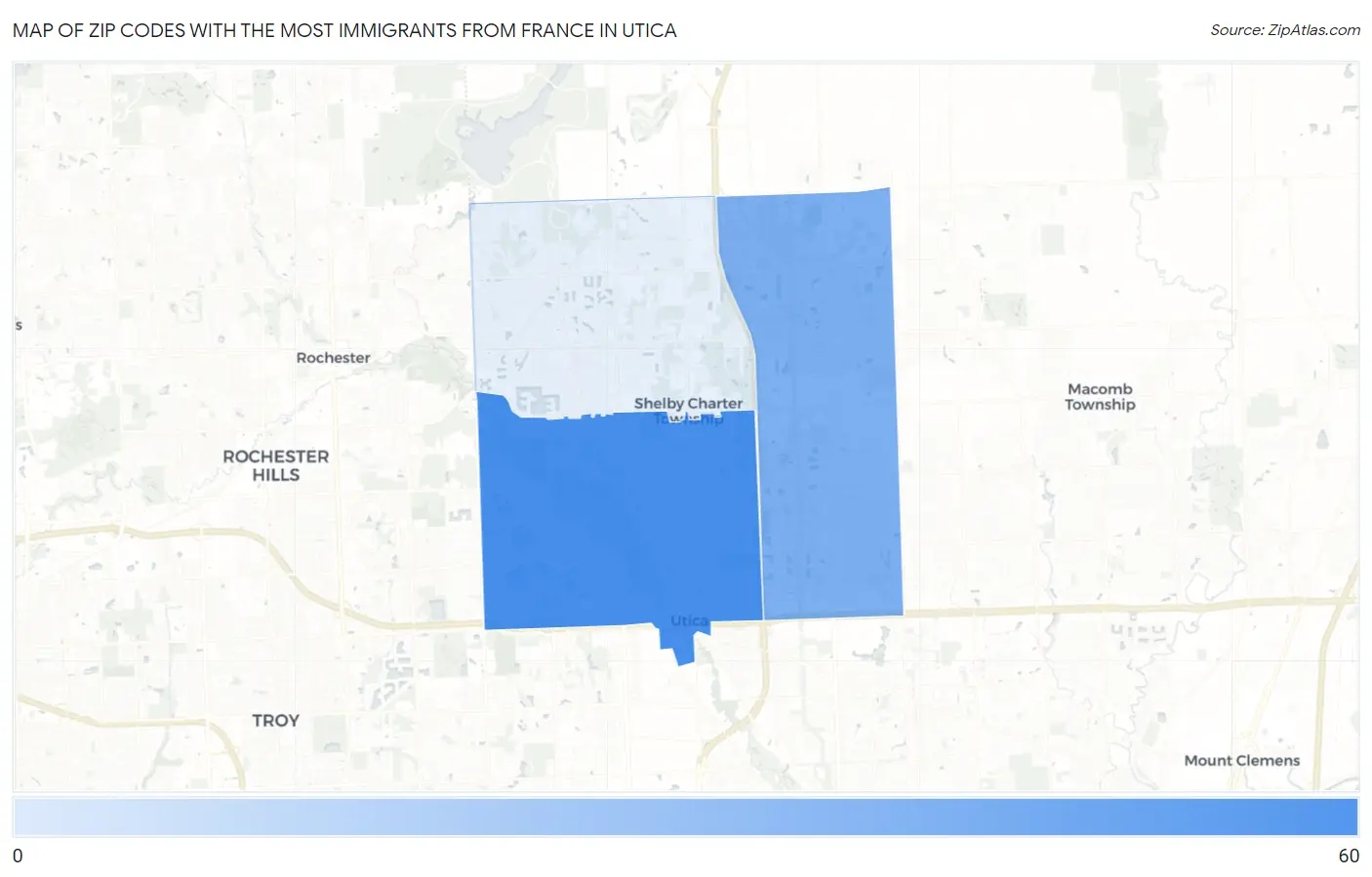 Zip Codes with the Most Immigrants from France in Utica Map