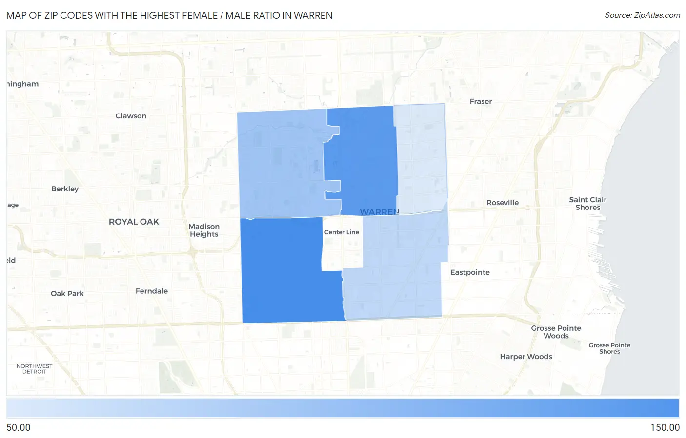 Zip Codes with the Highest Female / Male Ratio in Warren Map