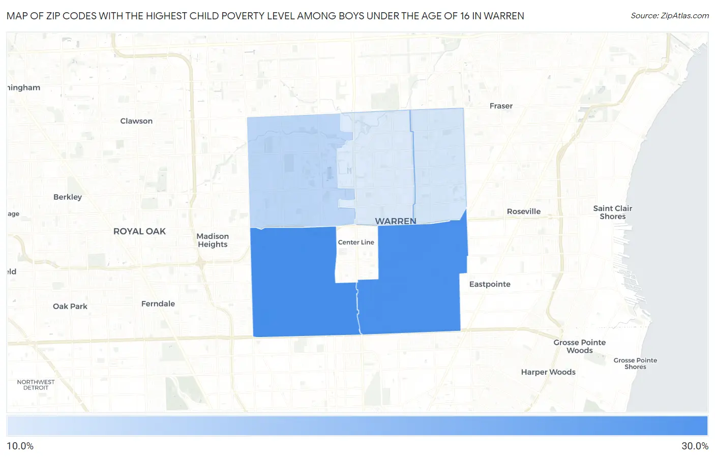Zip Codes with the Highest Child Poverty Level Among Boys Under the Age of 16 in Warren Map