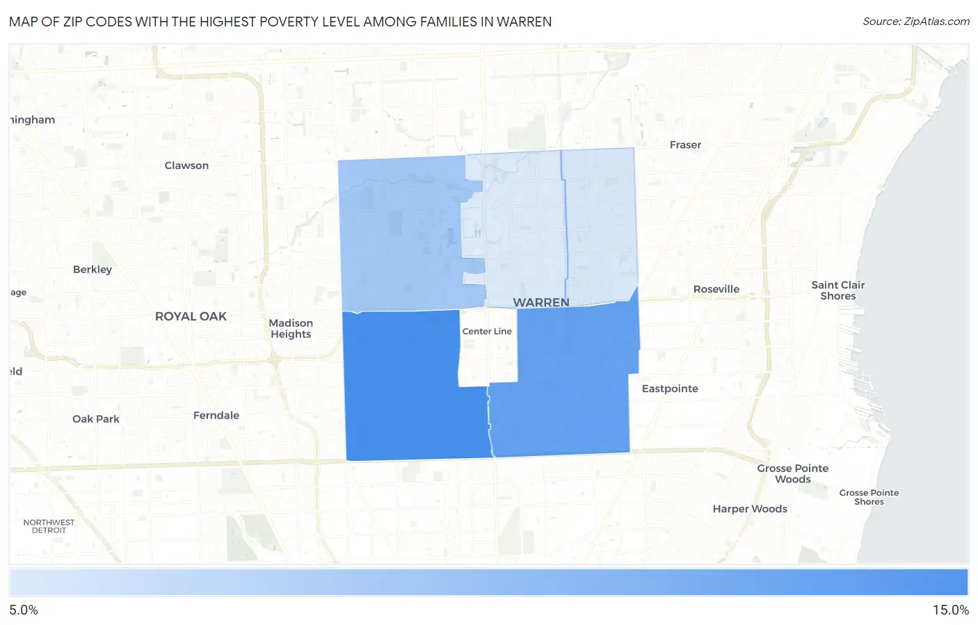 Zip Codes with the Highest Poverty Level Among Families in Warren Map