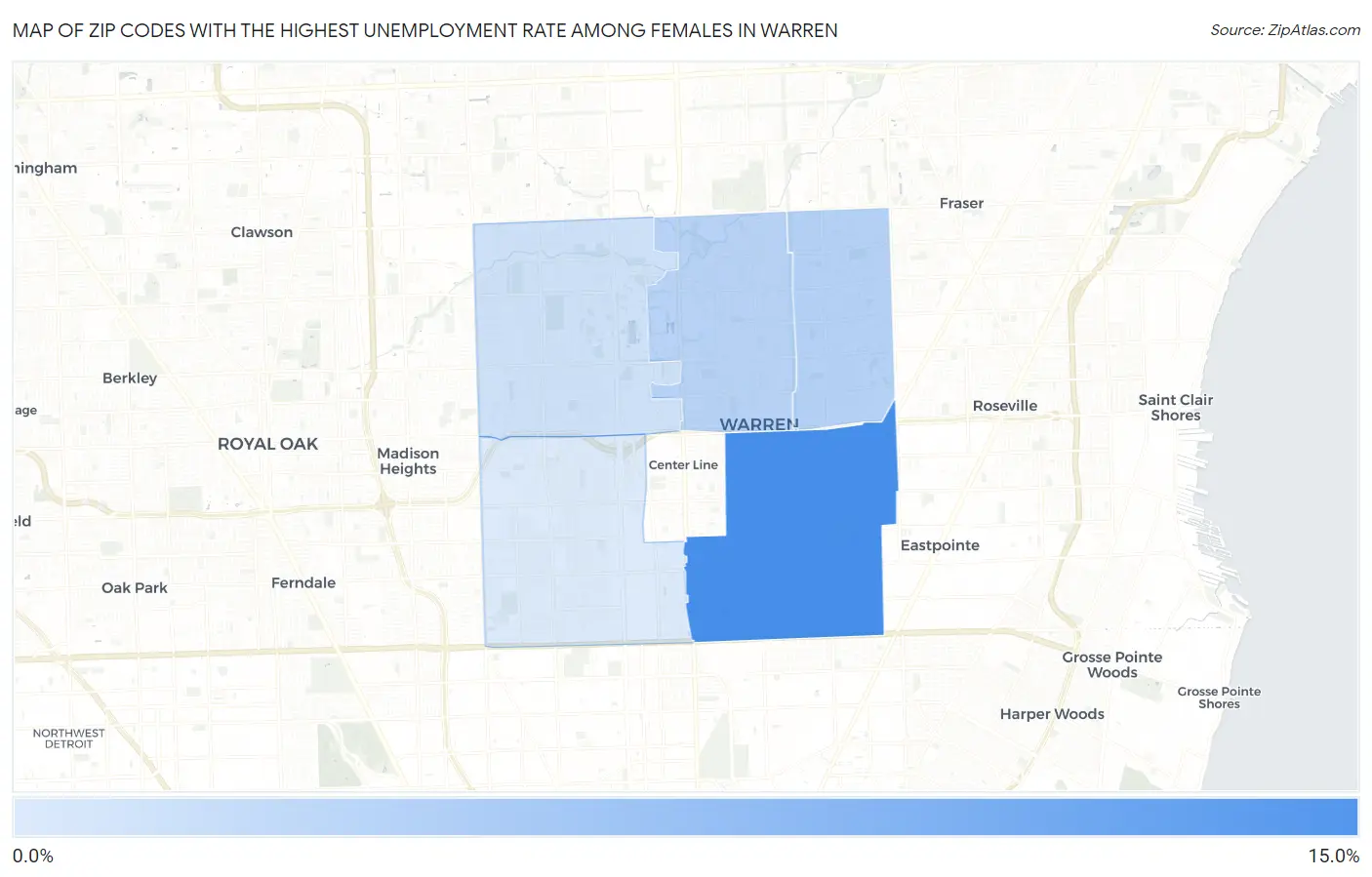 Zip Codes with the Highest Unemployment Rate Among Females in Warren Map