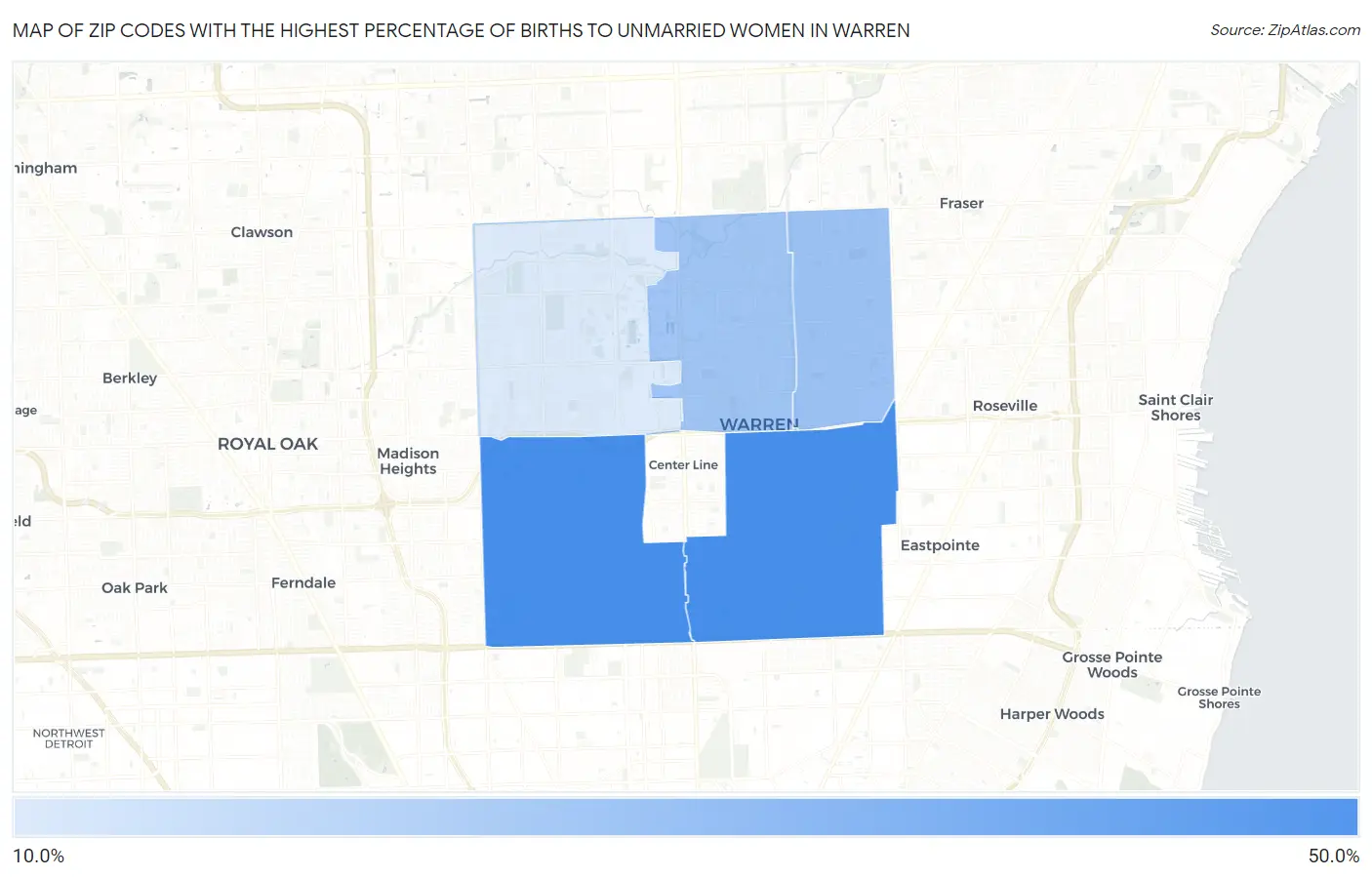 Zip Codes with the Highest Percentage of Births to Unmarried Women in Warren Map