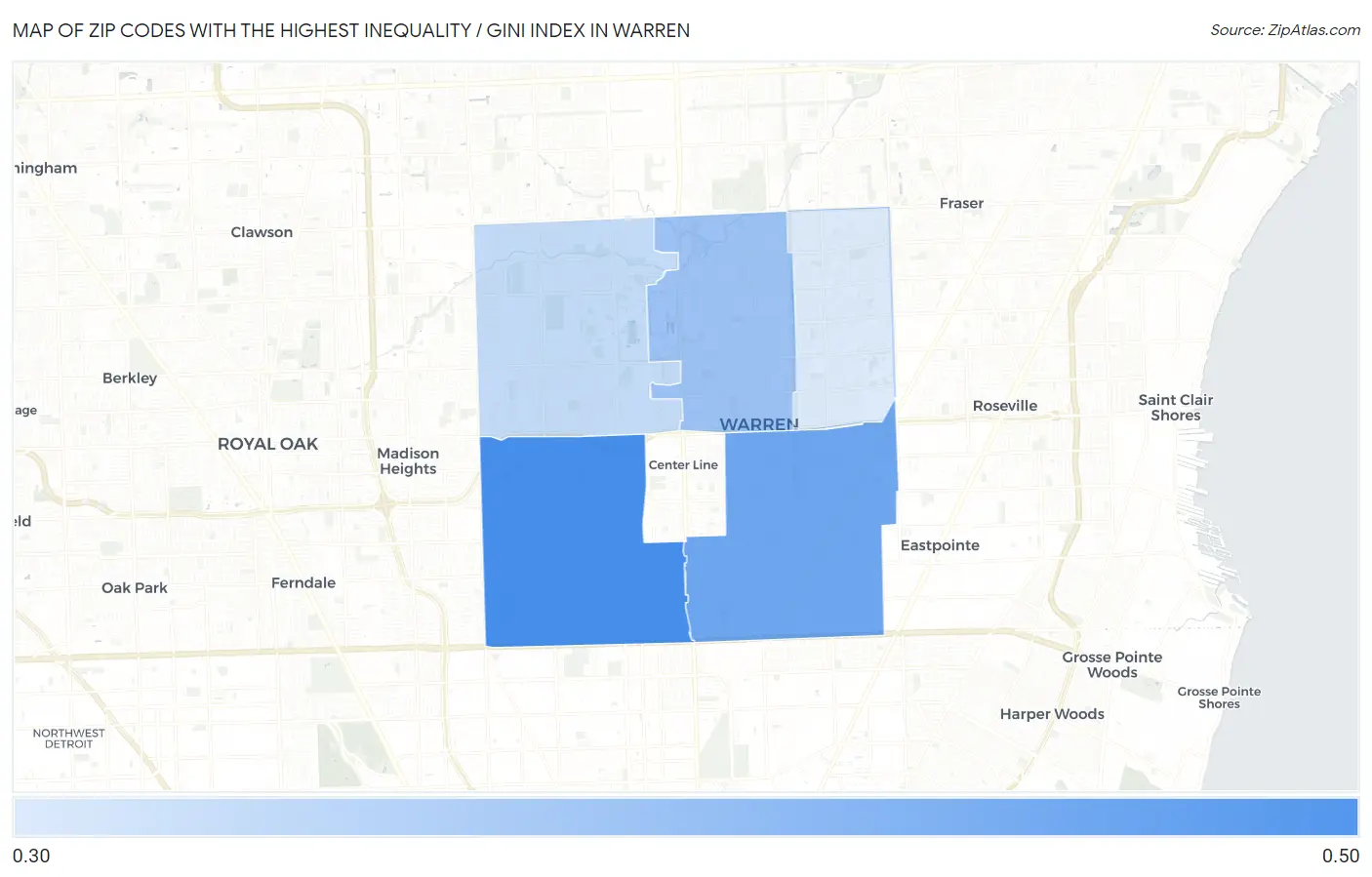 Zip Codes with the Highest Inequality / Gini Index in Warren Map