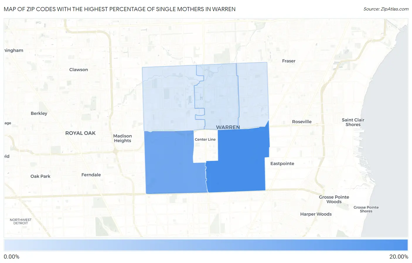 Zip Codes with the Highest Percentage of Single Mothers in Warren Map