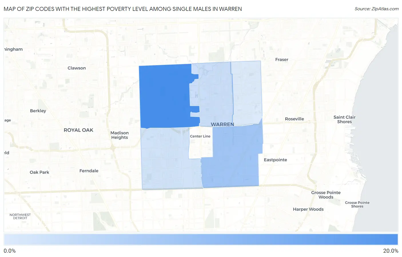 Zip Codes with the Highest Poverty Level Among Single Males in Warren Map