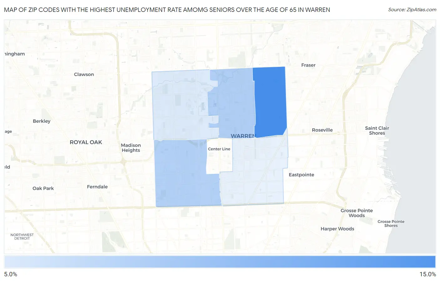 Zip Codes with the Highest Unemployment Rate Amomg Seniors Over the Age of 65 in Warren Map