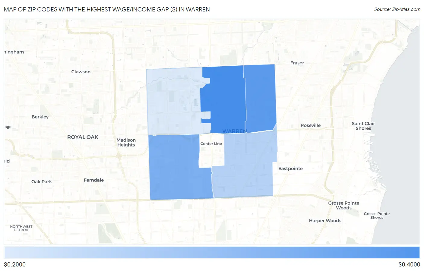 Zip Codes with the Highest Wage/Income Gap ($) in Warren Map