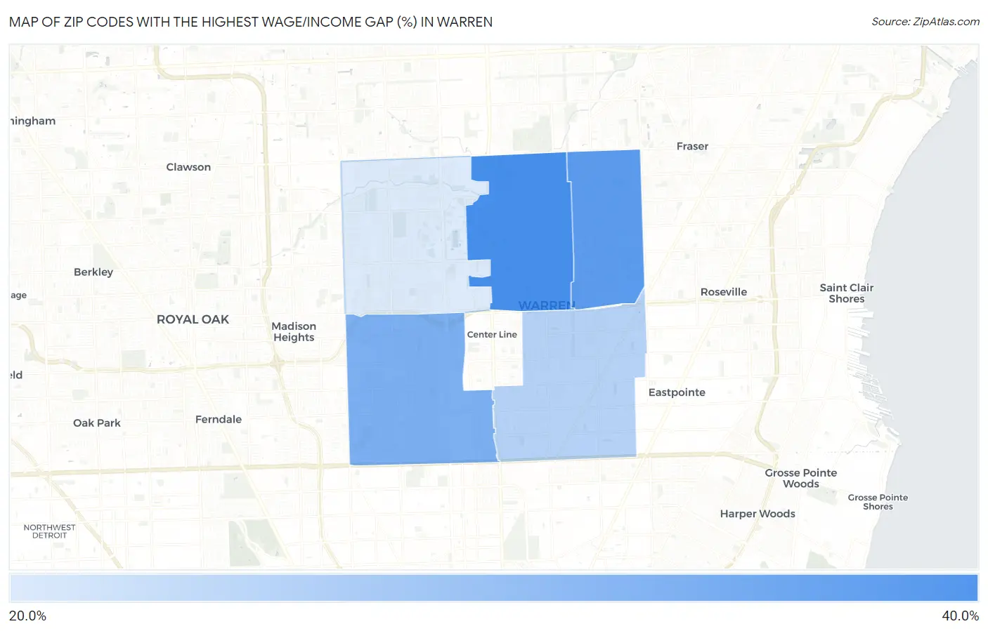 Zip Codes with the Highest Wage/Income Gap (%) in Warren Map