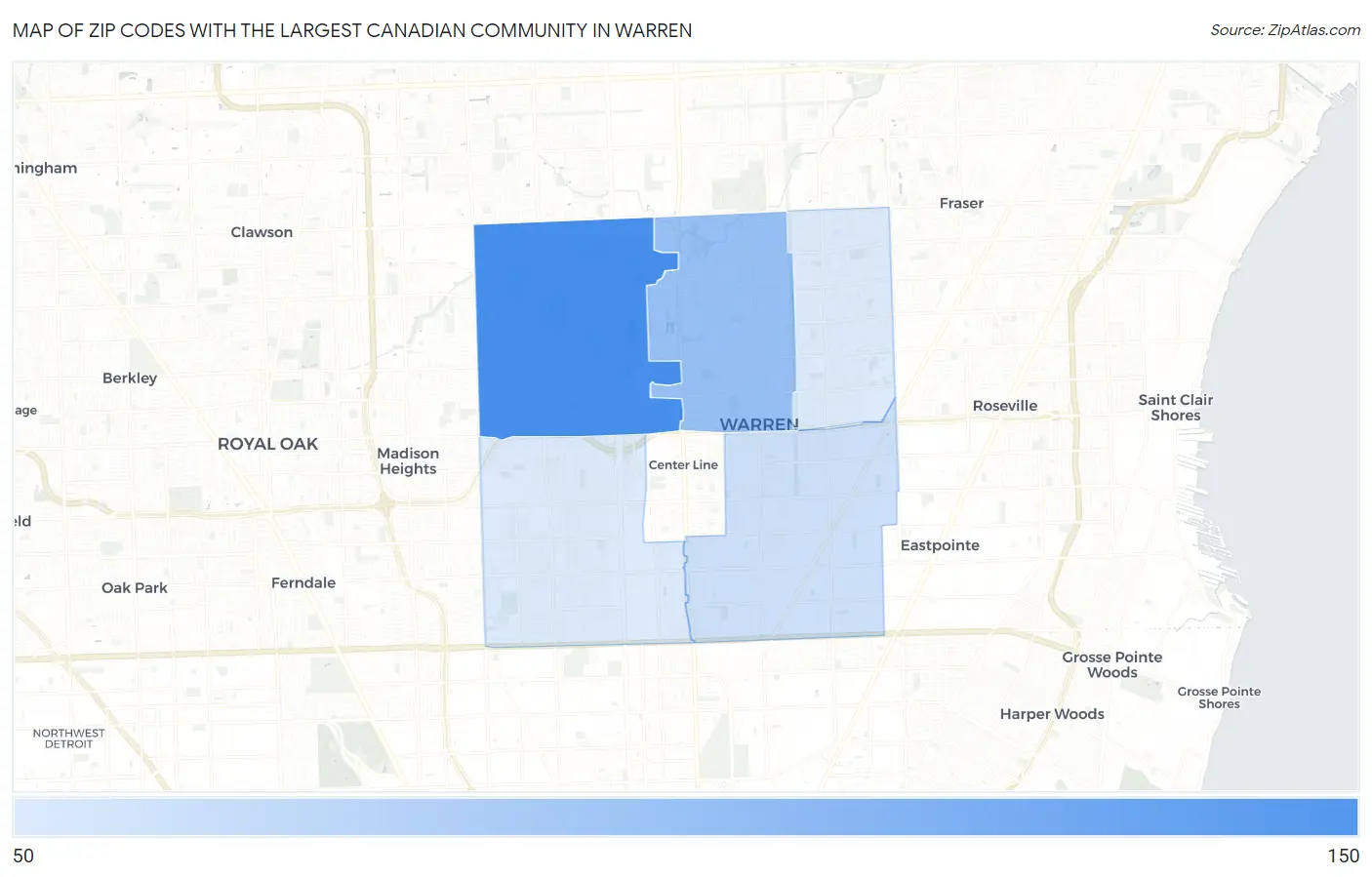Zip Codes with the Largest Canadian Community in Warren Map