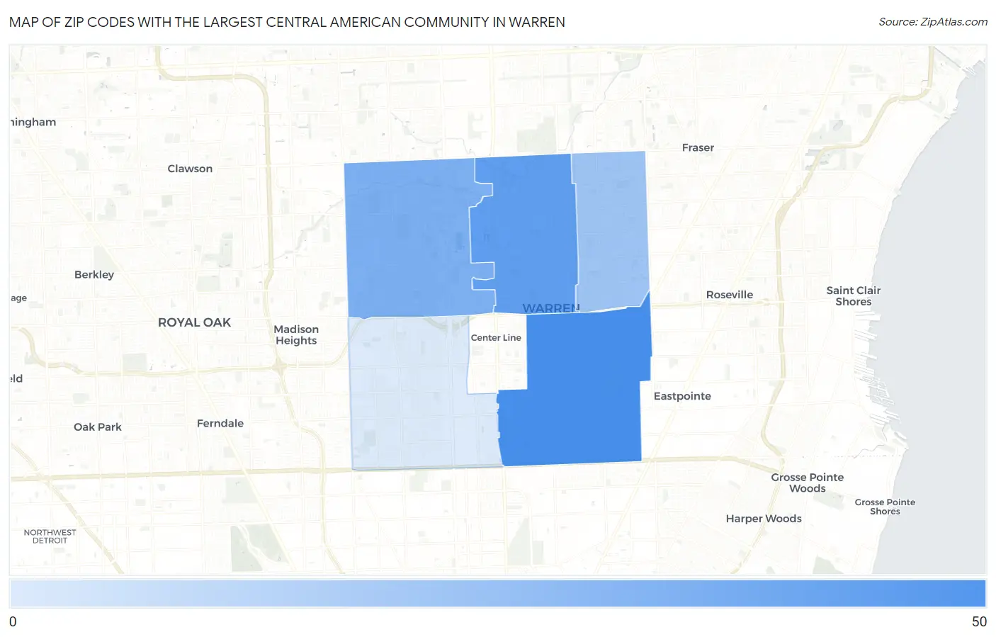 Zip Codes with the Largest Central American Community in Warren Map