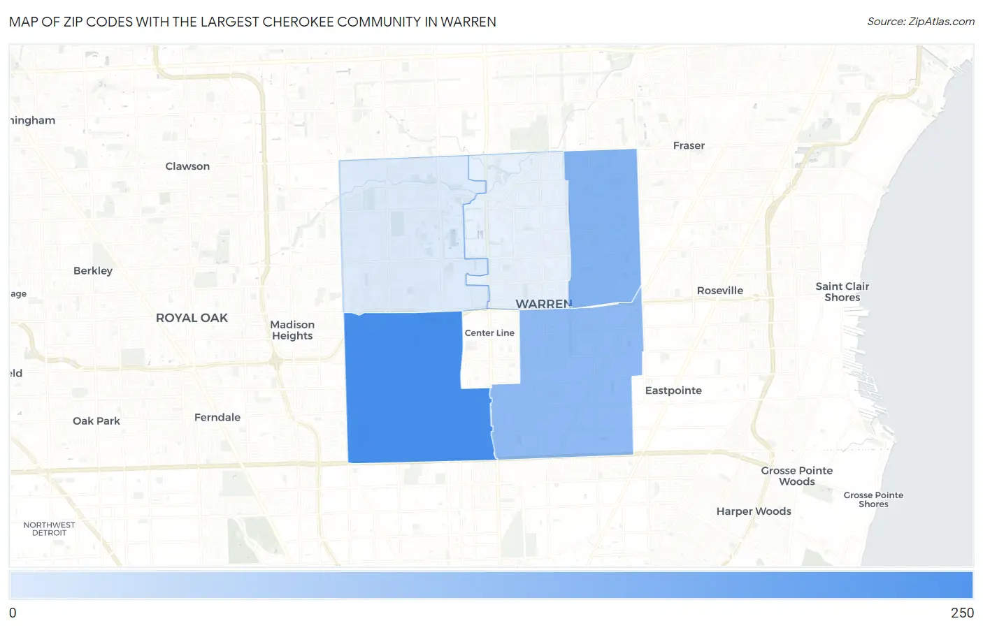 Zip Codes with the Largest Cherokee Community in Warren Map