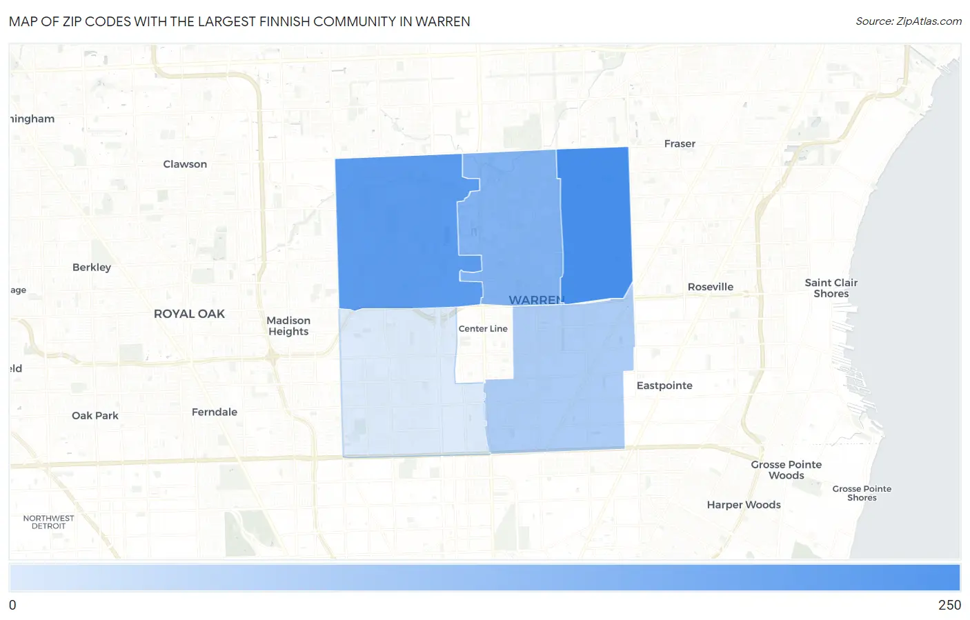 Zip Codes with the Largest Finnish Community in Warren Map