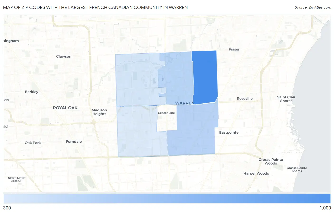 Zip Codes with the Largest French Canadian Community in Warren Map