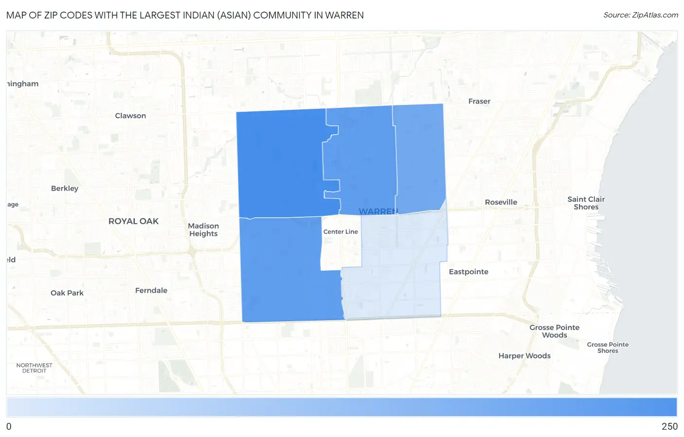 Zip Codes with the Largest Indian (Asian) Community in Warren Map