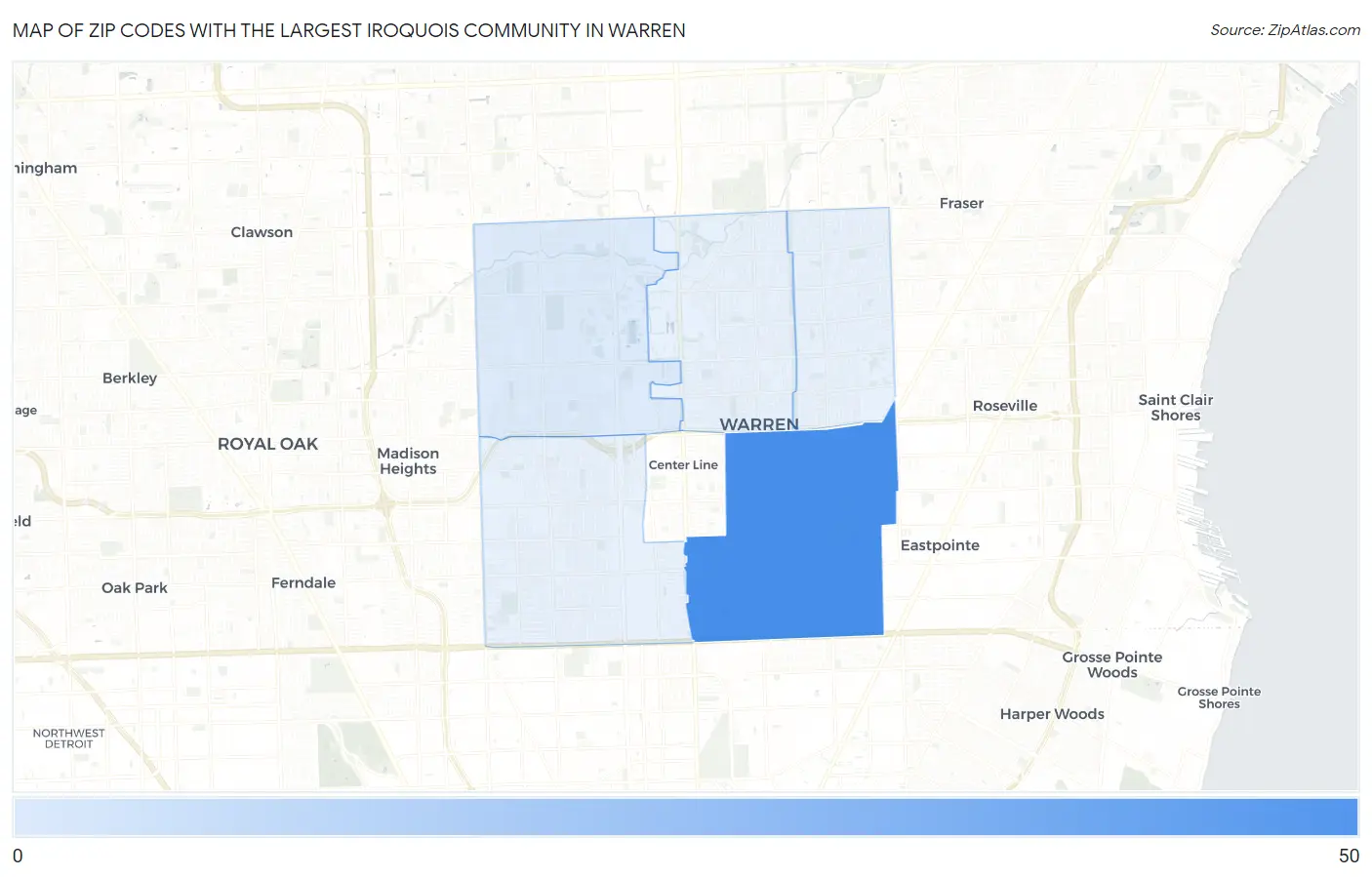 Zip Codes with the Largest Iroquois Community in Warren Map
