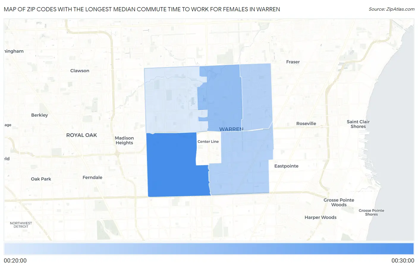 Zip Codes with the Longest Median Commute Time to Work for Females in Warren Map