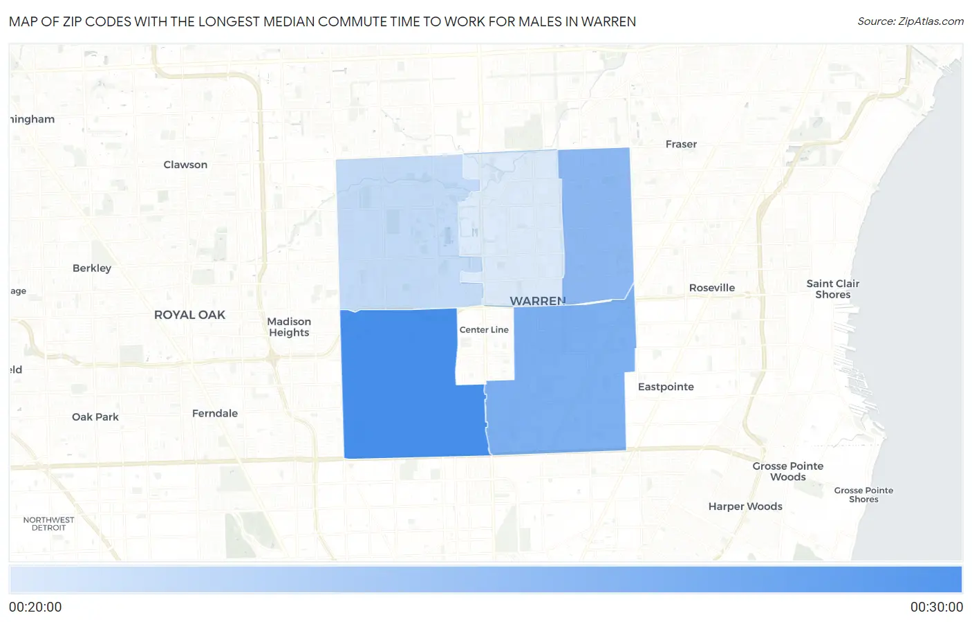 Zip Codes with the Longest Median Commute Time to Work for Males in Warren Map