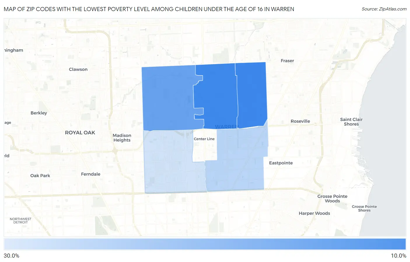 Zip Codes with the Lowest Poverty Level Among Children Under the Age of 16 in Warren Map