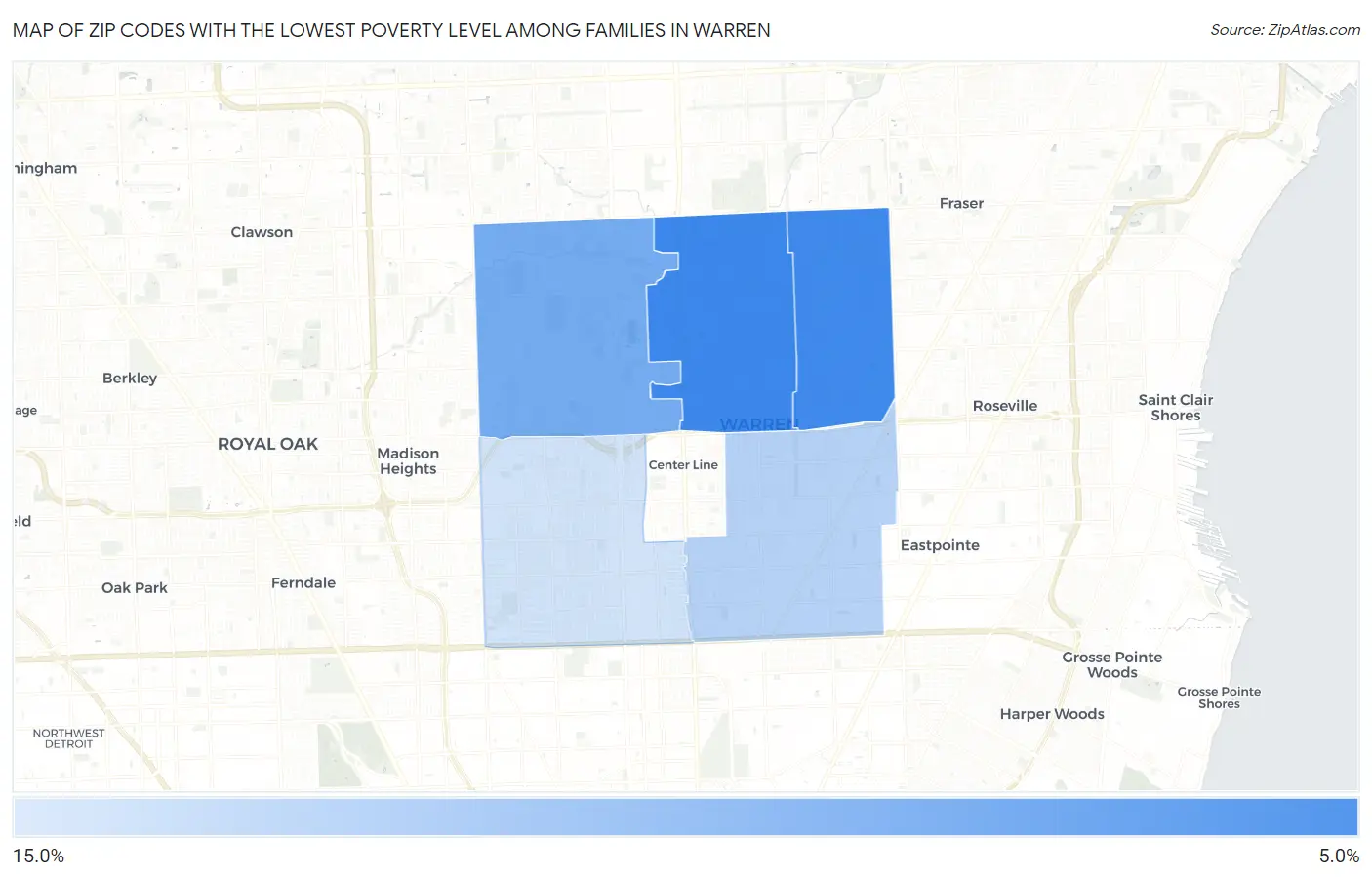 Zip Codes with the Lowest Poverty Level Among Families in Warren Map