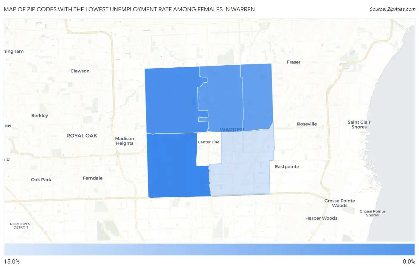Zip Codes with the Lowest Unemployment Rate Among Females in Warren Map