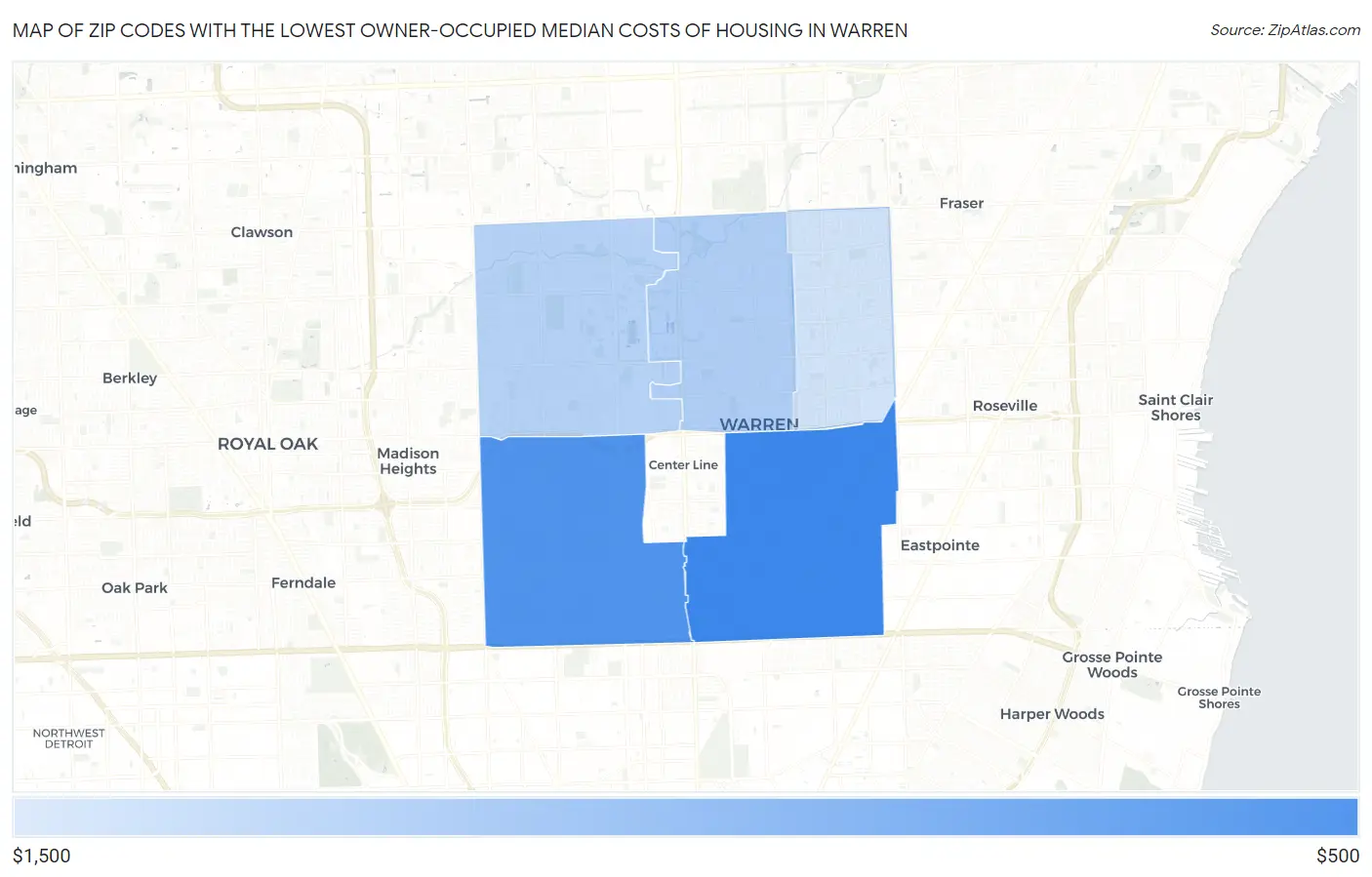 Zip Codes with the Lowest Owner-Occupied Median Costs of Housing in Warren Map