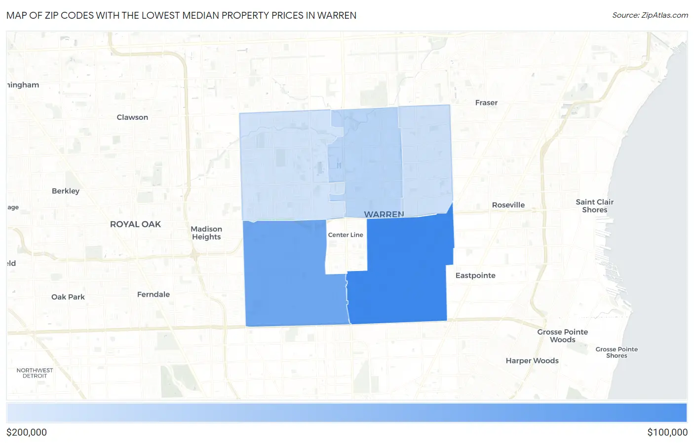 Zip Codes with the Lowest Median Property Prices in Warren Map