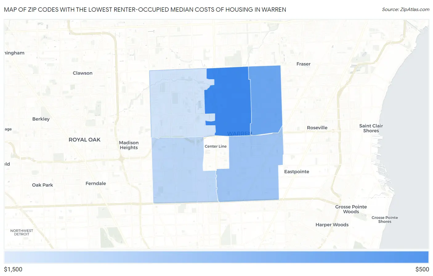 Zip Codes with the Lowest Renter-Occupied Median Costs of Housing in Warren Map
