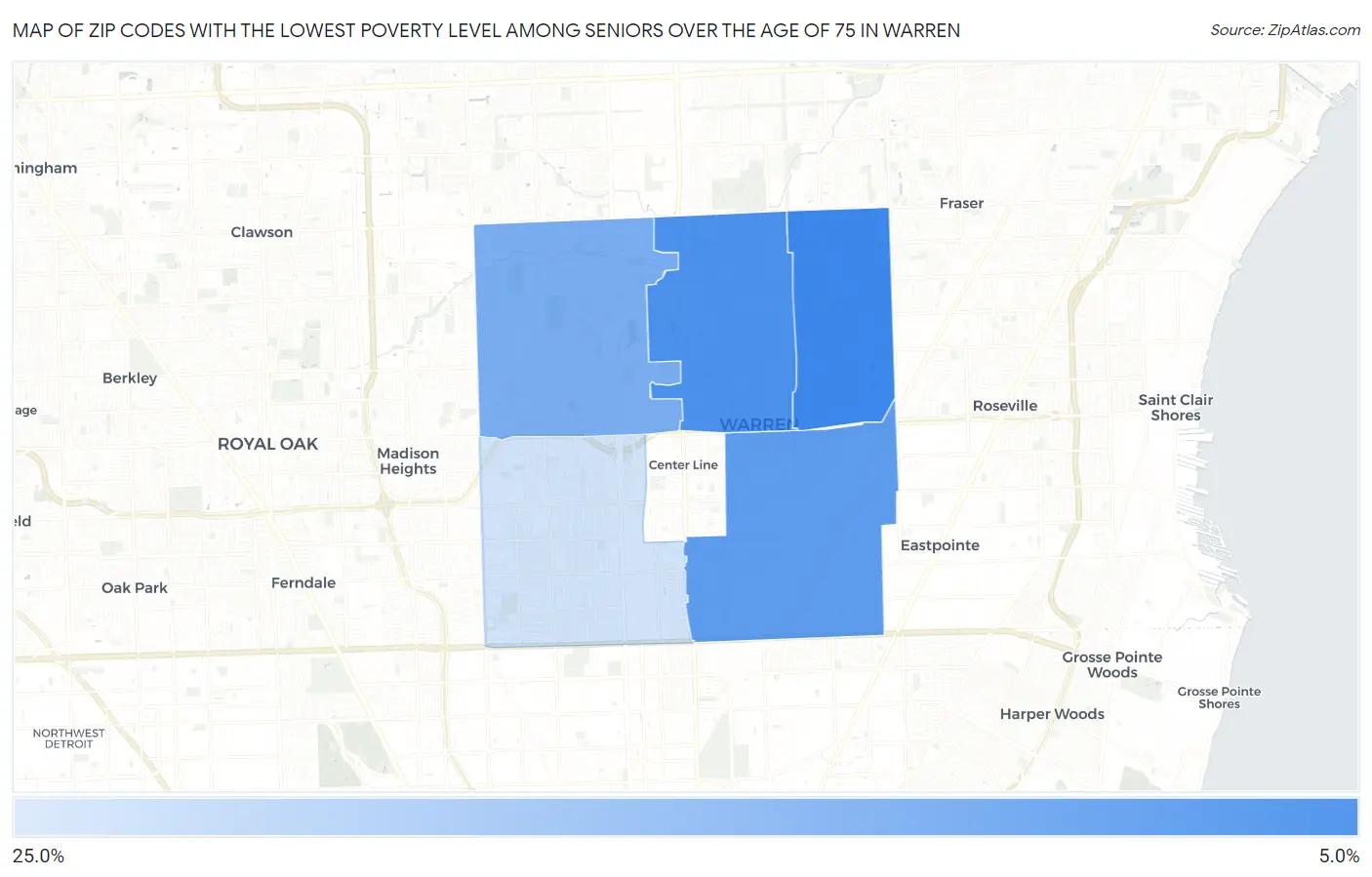 Zip Codes with the Lowest Poverty Level Among Seniors Over the Age of 75 in Warren Map